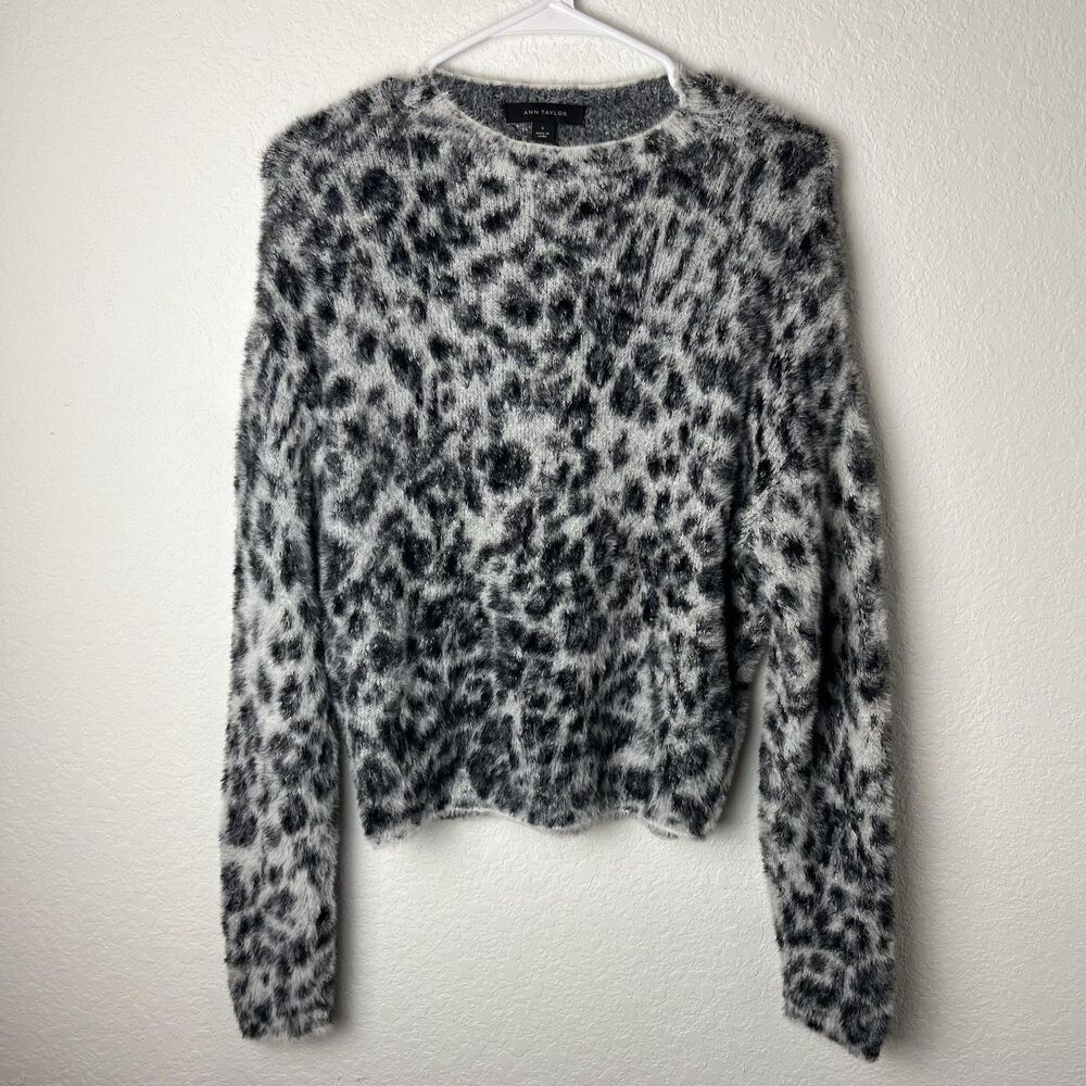 Ann Taylor Black and White Fuzzy Leopard Sweater